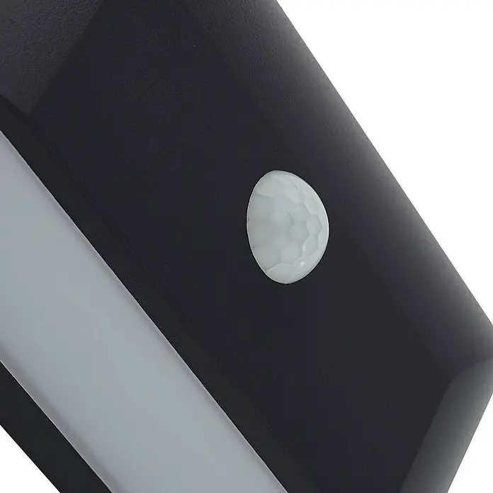 Lindby LED Wandleuchte aussen in schwarz, mit Bewegungsmelder, Aussenlampe -  - Schwarze Solarleuchte mit weißem LED-Panel und wabenförmigem Bewegungssensor.