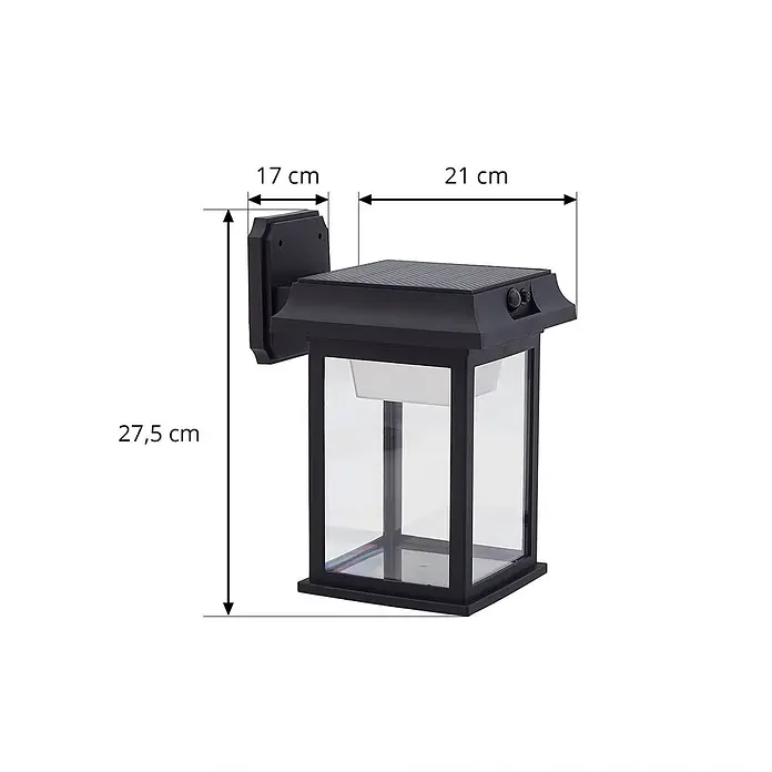 Lindby LED Solar Wandleuchte aussen in schwarz, mit Bewegungsmelder, -  - Schwarze Solar-Wandleuchte mit Klarglas, 27,5 cm hoch, 17 cm tief, 21 cm breit.