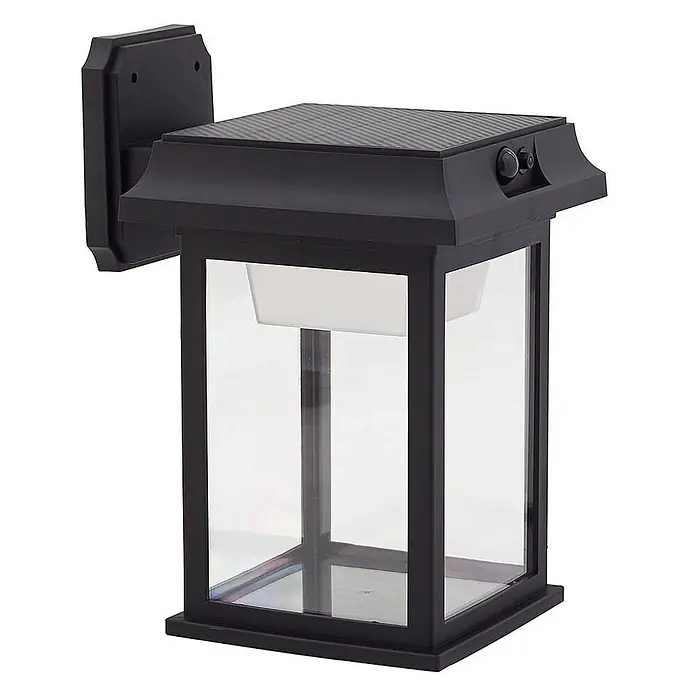 Lindby LED Solar Wandleuchte aussen in schwarz, mit Bewegungsmelder, -  - Schwarze Solar-Außenwandlaterne mit klaren Glasscheiben und integriertem Solarpanel oben, zur Wandmontage.