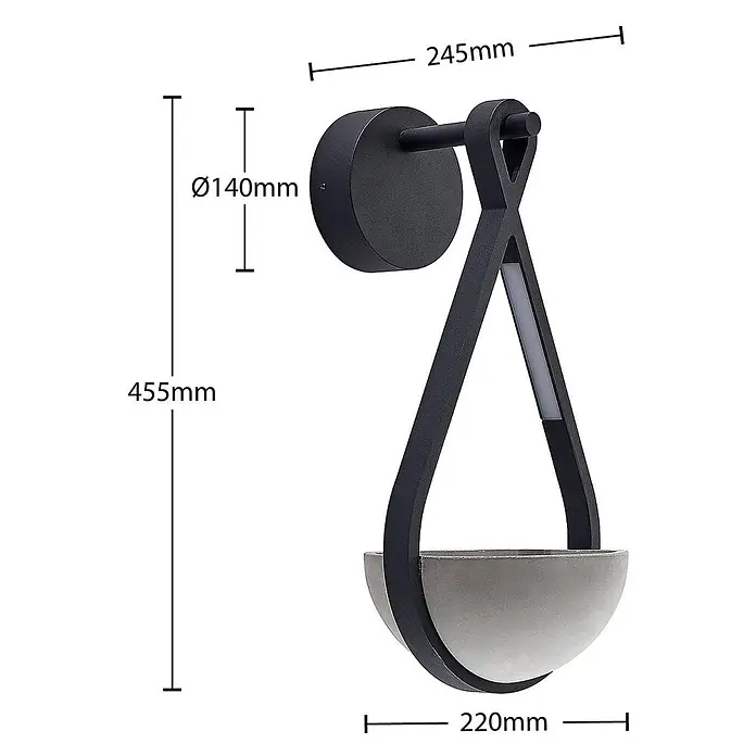 Lucande LED Wandleuchte aussen in dunkelgrau, Aussenlampe Wand -  - Moderne schwarze Metall-Wandleuchte mit grauer Betonschale und integriertem LED-Licht, Maße sichtbar.