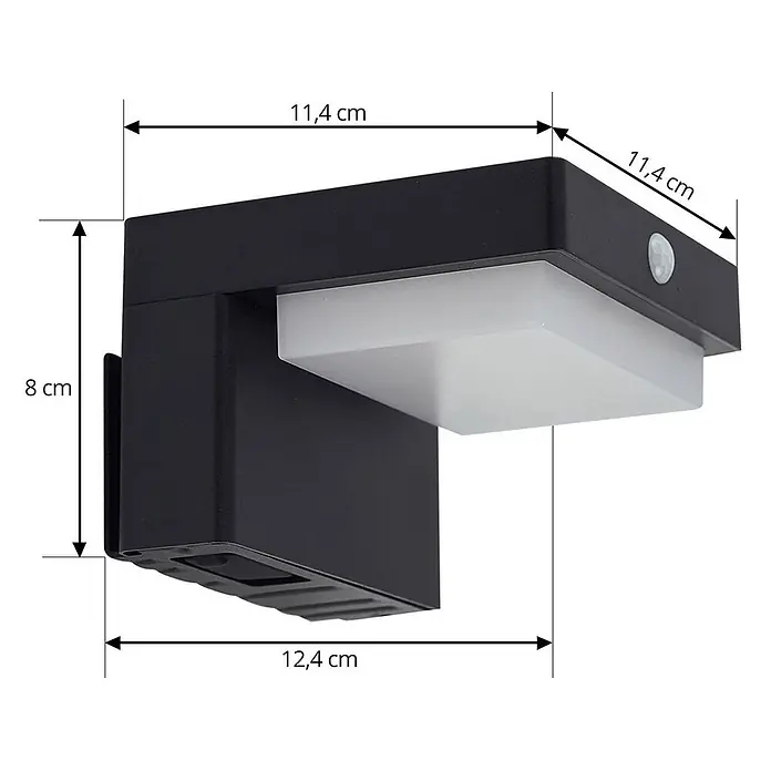 Lindby LED Solar Wandleuchte aussen in schwarz, weiß, mit Bewegungsmelder, -  - Schwarze Wandleuchte mit weißem Diffusor und integriertem Bewegungssensor.