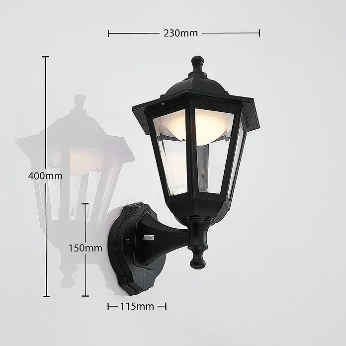 Lindby Außenwandleuchte Iavo - schwarz, schwarz, IP44 - Schwarze Außenwandleuchte mit Klarglas und Innenlicht, Maße angegeben.