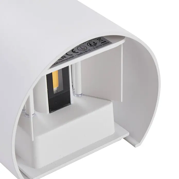 Lindby LED Wandleuchte aussen in weiß, up down Aussenlampe Wand -  - Weiße, gebogene Wandleuchte, die ihre interne LED und die Basis des Gehäuses zeigt.