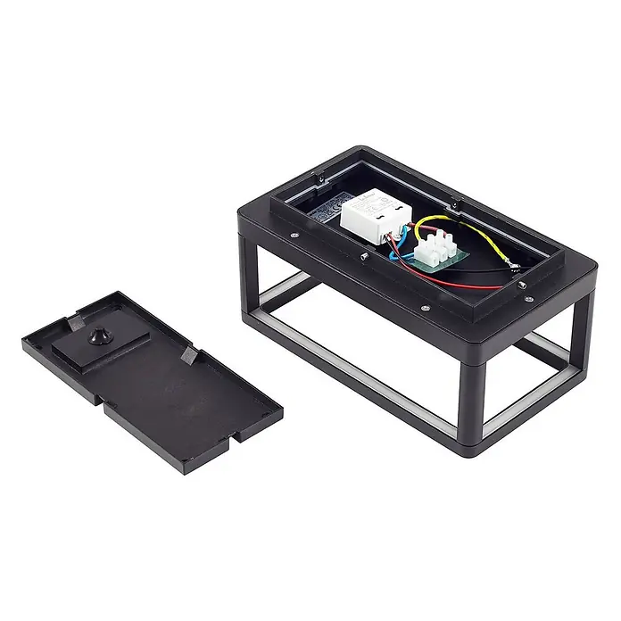 Lucande LED Wandleuchte aussen in schwarz matt, transparent, Aussenlampe -  - Zerlegte schwarze Außenleuchte, zeigt Innenverkabelung, Treiber und separate Basis.