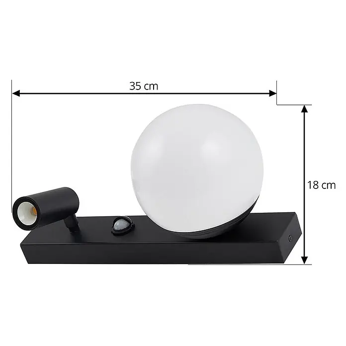 Lindby LED Wandleuchte aussen in schwarz, weiß, mit Bewegungsmelder, -  - Schwarze Außenwandleuchte mit weißem Kugeldiffusor, kleinem Strahler und Sensor. Maße 35x18 cm.
