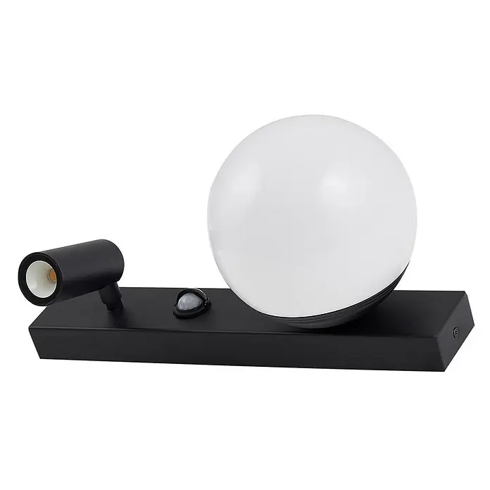 Lindby LED Wandleuchte aussen in schwarz, weiß, mit Bewegungsmelder, -  - Schwarze Wandleuchte mit weißer Kugelleuchte, zylindrischem Spotlicht und Sensor auf rechteckigem Sockel.