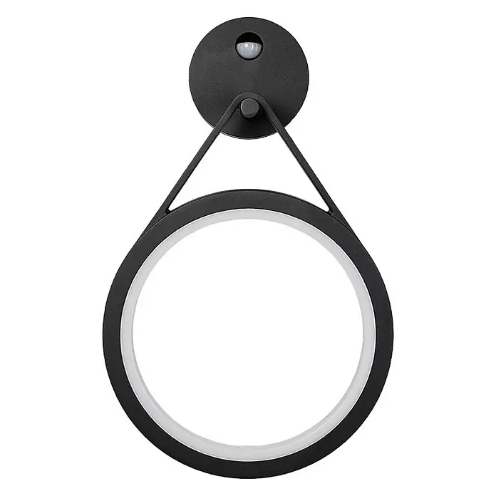 Lucande LED Wandleuchte aussen in graphit, weiß, mit Bewegungsmelder, -  - Schwarze runde LED-Leuchte mit weißem Innenring, an einer Basis mit Bewegungssensor aufgehängt.