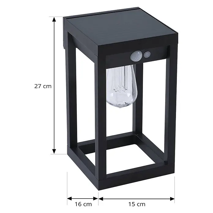 Lindby LED Solar Wandleuchte aussen Smart Home in schwarz, transparent, mit -  - Schwarze Solar-LED-Laterne mit Vintage-Glühbirne und Bewegungssensor; Maße: 27x16x15 cm.
