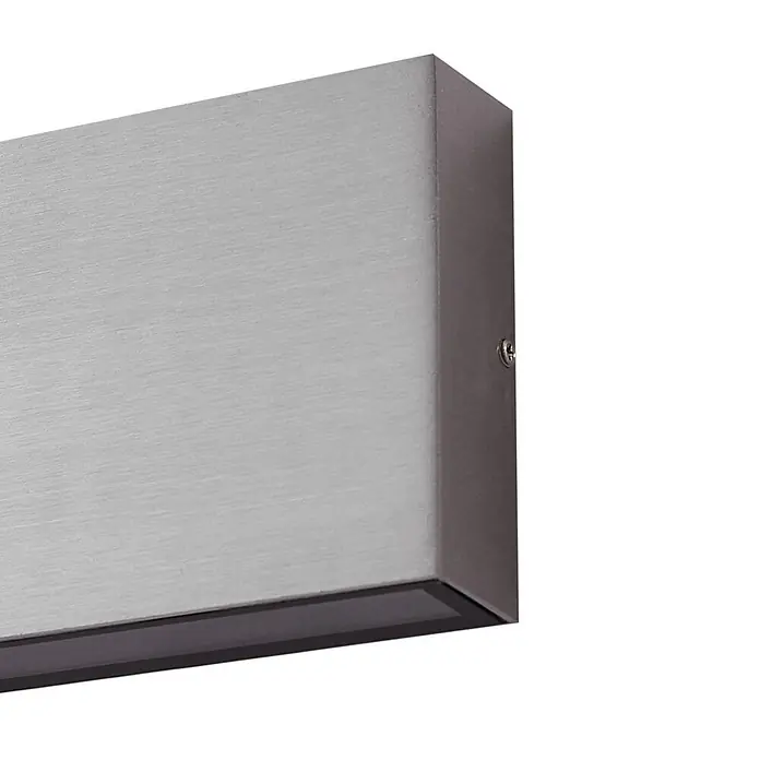 Lindby Außenwandleuchte Jarte - chrom / silber, IP54 - Silberne Wandleuchte aus gebürstetem Metall mit rechteckiger Form, dunkler Lichtöffnung und seitlicher Schraube.