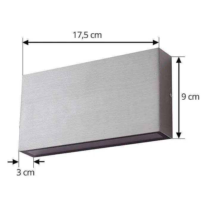 Lindby Außenwandleuchte Jarte - chrom / silber, IP54 - Gebürstete silberne rechteckige Wandleuchte mit sichtbaren Maßen.