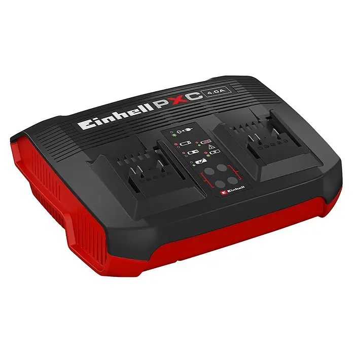 Einhell PXC 18V Cargador de pilas recargables Twincharger 3A - Específico para: Baterías Einhell Power X-Change - Cargador doble de batería Einhell PXC 4.0A en negro y rojo. Carga dos baterías PXC simultáneamente.