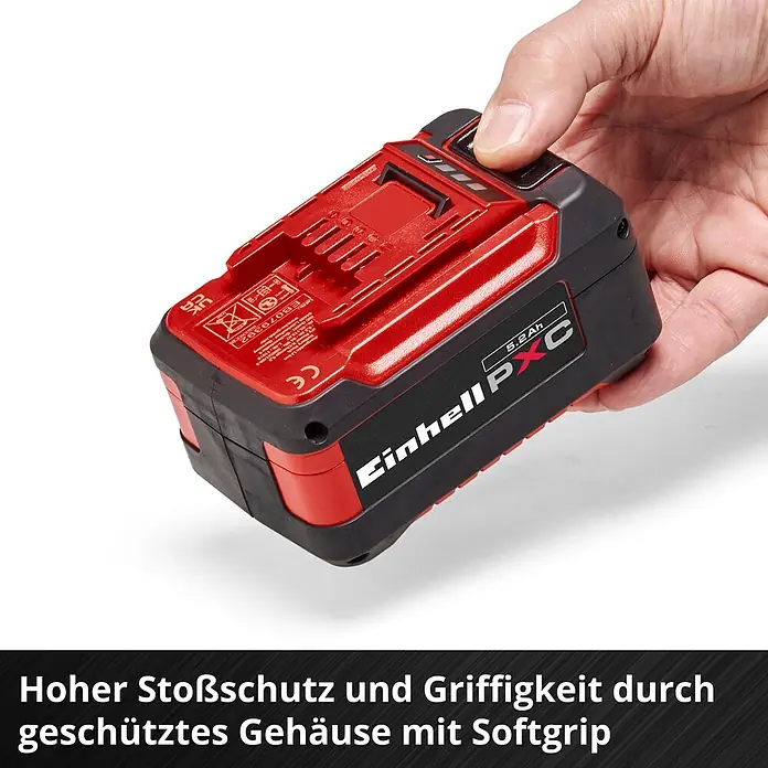 Einhell PXC 18V Akku PXC 18V 5,2Ah - 18 V, 5,2 Ah - Eine Hand hält einen rot-schwarzen Einhell PXC 5.2Ah Akku mit Softgrip für Stoßschutz und Griffigkeit.
