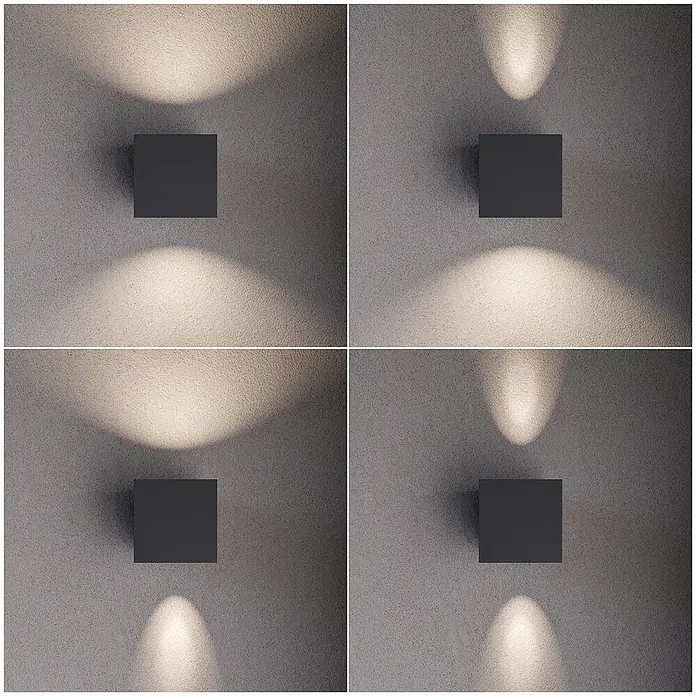 Lucande LED Wandleuchte aussen in graphit, up down Aussenlampe Wand -  - Dunkelgraue quadratische Wandleuchte, die eine texturierte graue Wand mit Lichtstrahlen nach oben und unten beleuchtet. Verschiedene Abstrahlwinkel.