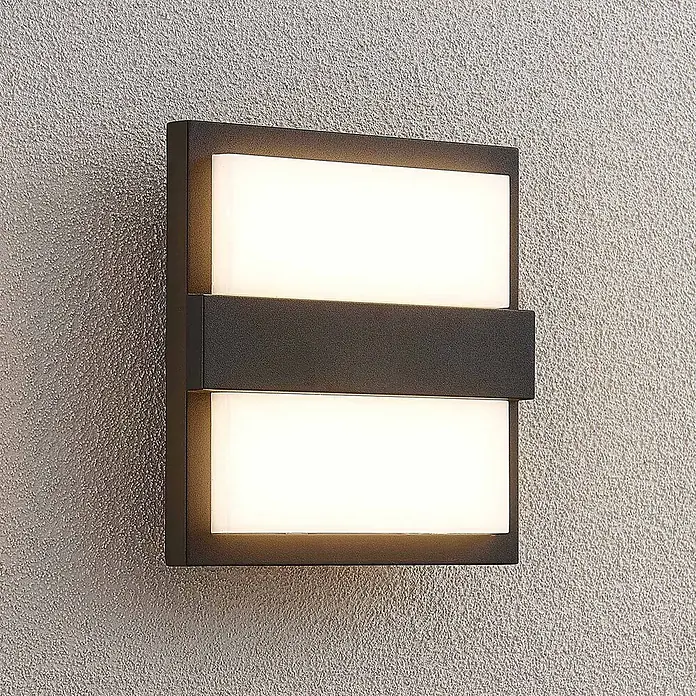 Lucande LED Wandleuchte aussen in anthrazit, weiß, Aussenlampe Wand -  - Anthrazitfarbene rechteckige LED-Wandleuchte mit zwei weißen Leuchtflächen, durch ein Band geteilt.