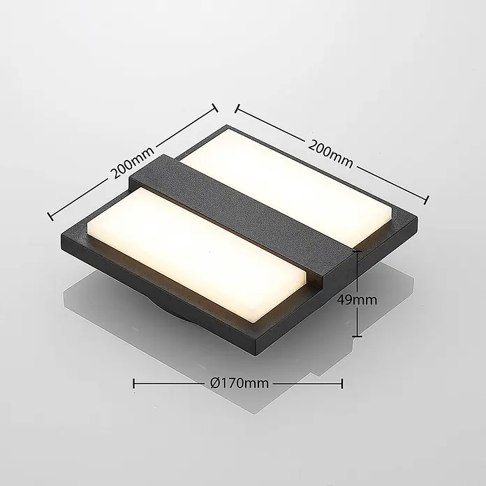 Lucande LED Wandleuchte aussen in anthrazit, weiß, Aussenlampe Wand -  - Schwarze, rechteckige LED-Wandleuchte mit zwei beleuchteten weißen Feldern und sichtbaren Maßen.