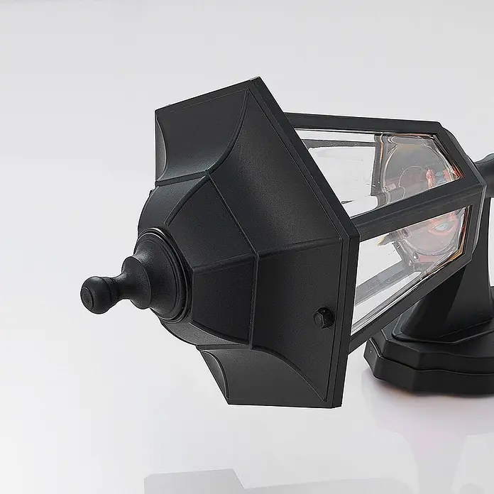 Lindby LED Wandleuchte aussen in schwarz, transparent, mit Bewegungsmelder, -  - Schwarze Außenwandleuchte mit klaren Glasscheiben und klassischem Design.
