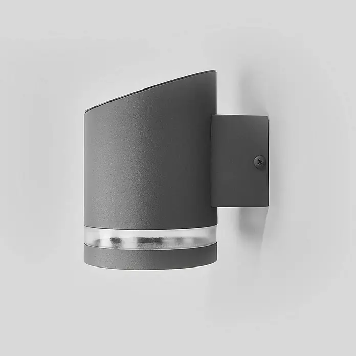 Lindby Solar LED Wandlampe / Wandleuchte außen, 1x 0,5W LED, Downlight -  - Dunkelgraue Wand-Außenleuchte mit schrägem Oberteil und lichtdurchlässigem Unterteil, mit sichtbarer Schraube.