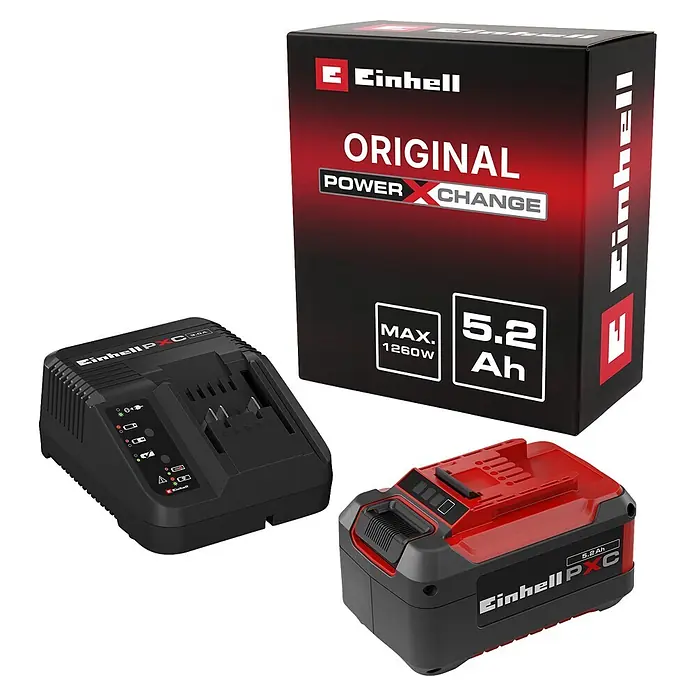 Einhell PXC 18V Batería y cargador - 18 V, 1 batería, 5,2 Ah - Set de batería Einhell Power X-Change 5,2 Ah y cargador 3,0A en negro y rojo.