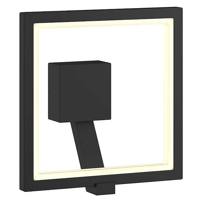 Lucande Außenwandleuchte Square - schwarz, IP65 - Schwarze quadratische LED-Wandleuchte mit beleuchtetem Rahmen und zentralem angewinkeltem Element.