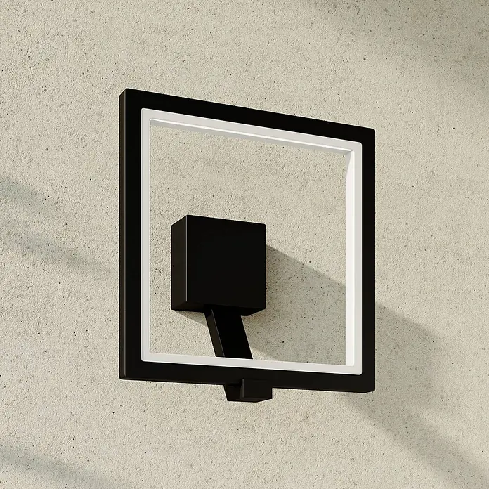 Lucande Außenwandleuchte Square - schwarz, IP65 - Moderne quadratische Wandleuchte mit schwarzem Rahmen und weißem LED-beleuchtetem Innenrand.