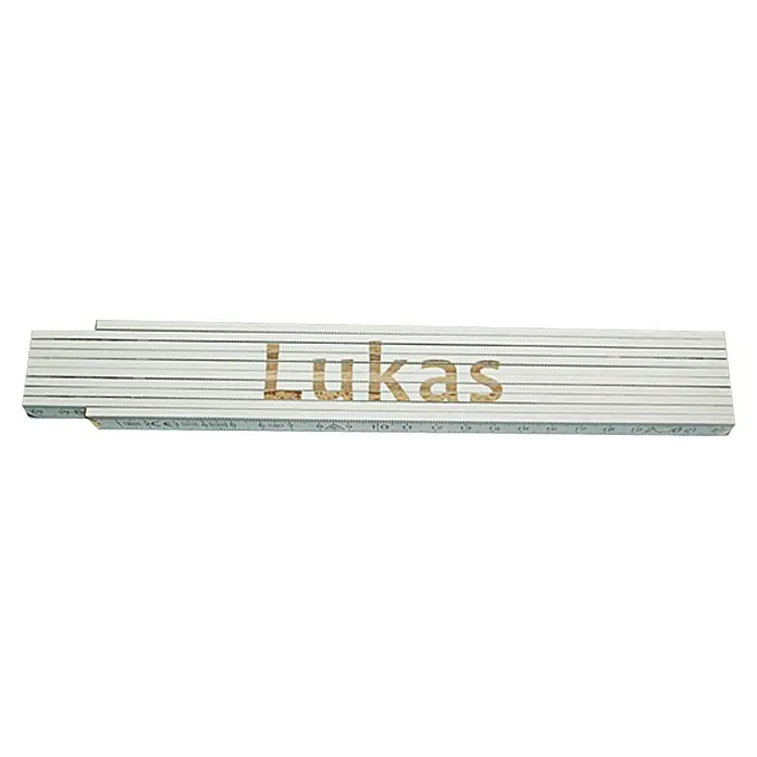 Zollstock - Aufdruck: Lukas, 2 m - Das Bild zeigt einen Zollstock mit dem Namen "Lukas" darauf. Ein praktisches und personalisiertes Werkzeug für jeden Handwerker oder Heimwerker.