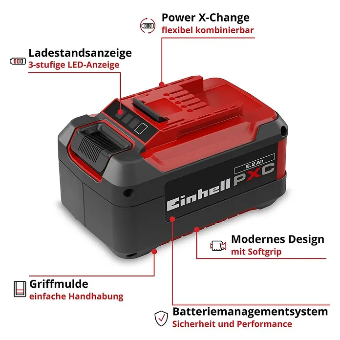 Einhell PXC 18V Akku PXC 18V 5,2Ah - 18 V, 5,2 Ah - Roter und schwarzer Einhell PXC 5.2Ah Akku mit 3-stufiger LED-Ladeanzeige und Softgrip-Design.