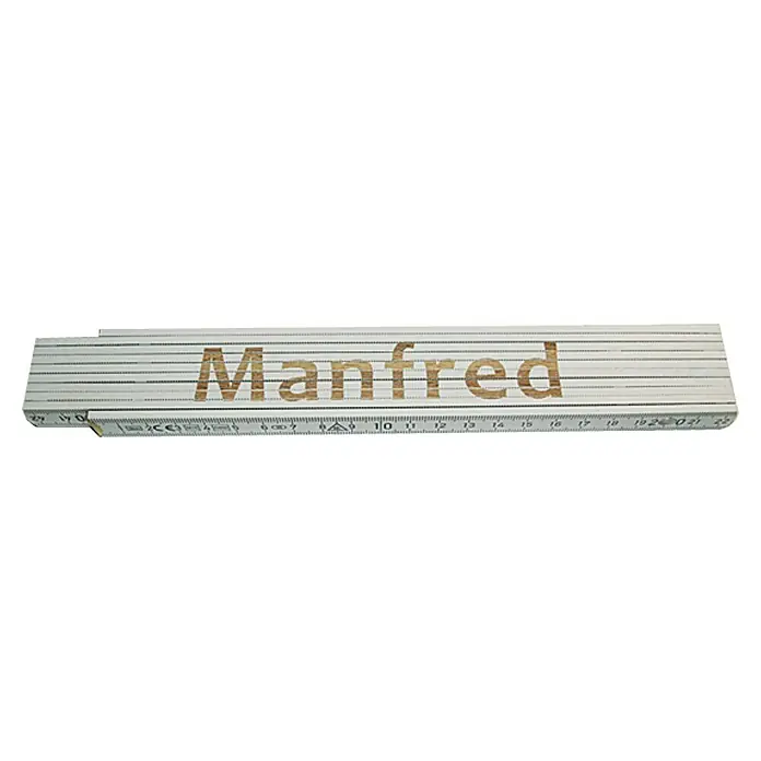 Zollstock - Aufdruck: Manfred, 2 m - Ein Zollstock mit dem Schriftzug "Manfred" in brauner Schrift. Ideal für präzise Messungen bei Bauprojekten und Handwerksarbeiten.