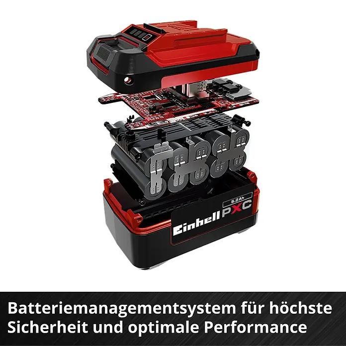 Einhell PXC 18V Akku PXC 18V 5,2Ah - 18 V, 5,2 Ah - Explosionszeichnung einer roten und schwarzen Akku-Einheit, die interne Platine und Batteriezellen für optimale Leistung und Sicherheit zeigt.