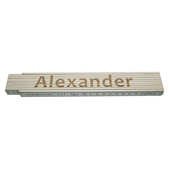 Zollstock - Aufdruck: Alexander, 2 m - Das Bild zeigt einen Zollstock aus Holz mit dem Namen "Alexander" und einer metrischen Skala für präzise Messungen.