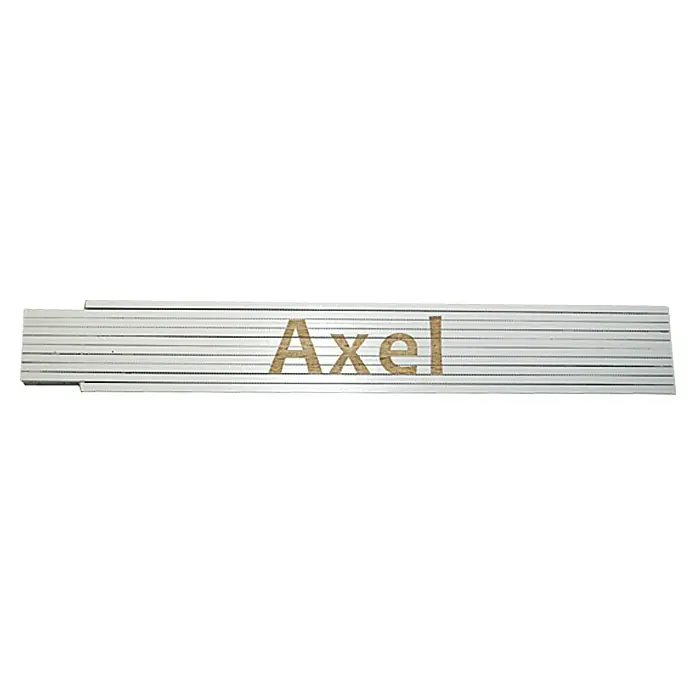 Zollstock - Aufdruck: Axel, 2 m - Das Bild zeigt einen silbernen Namensschild mit dem Namen "Axel" in einer klaren Schriftart, ideal zur Kennzeichnung von Gegenständen.