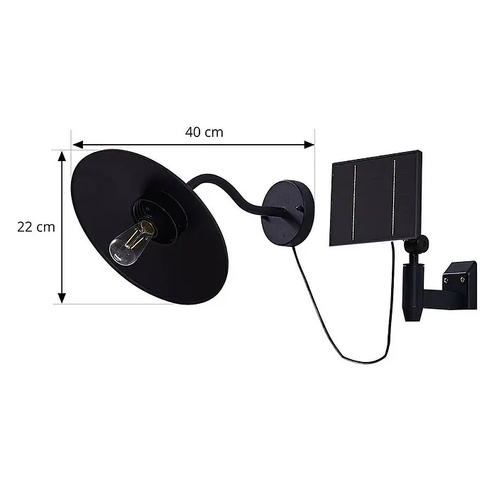 Lindby Außenwandleuchte Virane - schwarz, schwarz, IP44 - Schwarze Solar-Wandleuchte mit sichtbarer Glühbirne und separatem Solarpanel, Maße angezeigt.
