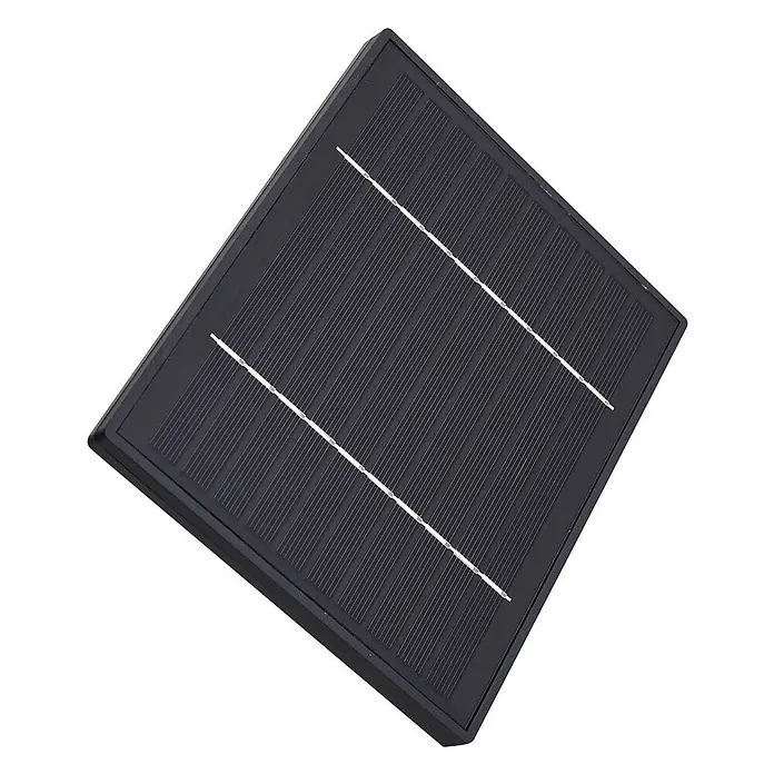 Lindby Außenwandleuchte Virane - schwarz, schwarz, IP44 - Rechteckiges, dunkles Solarpanel mit sichtbaren Zellenreihen zur Energieumwandlung.