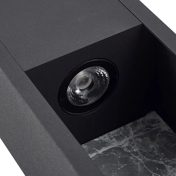Lucande Außenwandleuchte Lavrin - schwarz, schwarz, IP54 - Dunkelgrau/schwarze rechteckige Wandleuchte mit eingelassener LED-Birne und strukturierter Oberfläche, mit dunklem Marmorakzent.