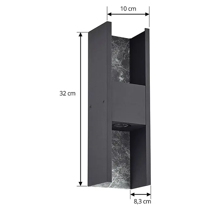 Lucande Außenwandleuchte Lavrin - schwarz, schwarz, IP54 - Dunkelgraue Wandleuchte mit marmorierter Rückwand und versenkter Lichtquelle, 32x10x8,3 cm.