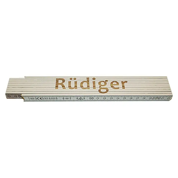 Zollstock - Aufdruck: Rüdiger, 2 m - Holzgliedermaßstab mit Zentimeter- und Zollskala, personalisiert mit dem Namen "Rüdiger". Ideal für präzise Messungen.