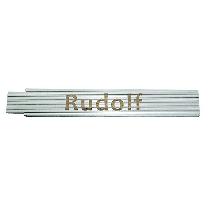 Zollstock - Aufdruck: Rudolf, 2 m - Ein graues, zusammengefaltetes Zollstock mit dem Schriftzug "Rudolf". Ideal für genaue Messungen und ein tolles Werkzeug für Handwerker.