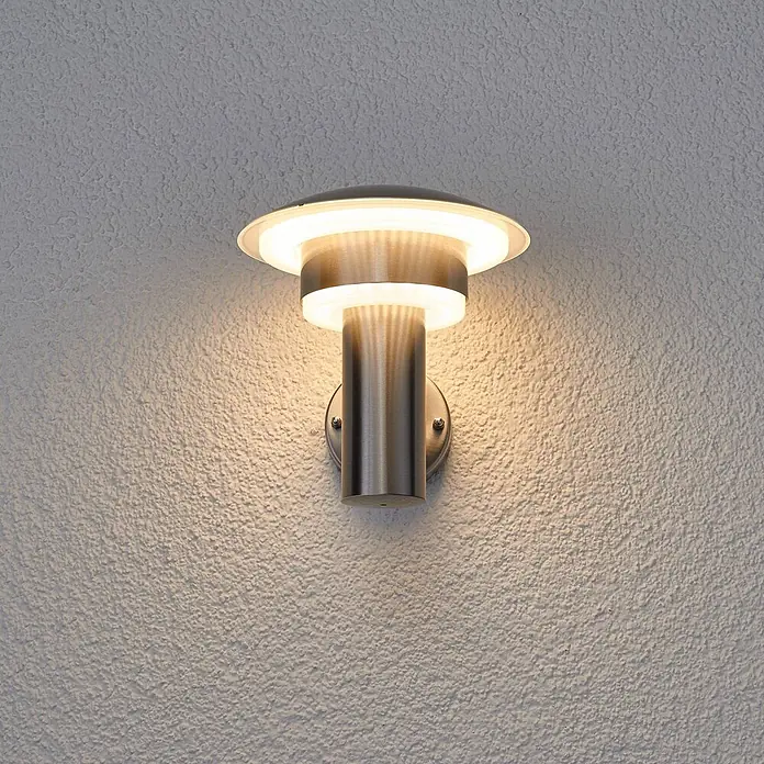 Lindby LED Wandlampe / Wandleuchte außen, Edelstahl, Kunststoff, 8,1W LED -  - Gebürstete Edelstahl-Außenwandleuchte im Schichtdesign, strahlt warmweißes Licht.