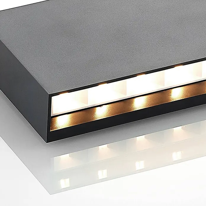 Lindby LED Wandleuchte aussen in dunkelgrau, up down Aussenlampe Wand -  - Rechteckige, dunkelgraue, texturierte lineare Leuchte mit zwei Beleuchtungsreihen: hellweiß und warmgolden.