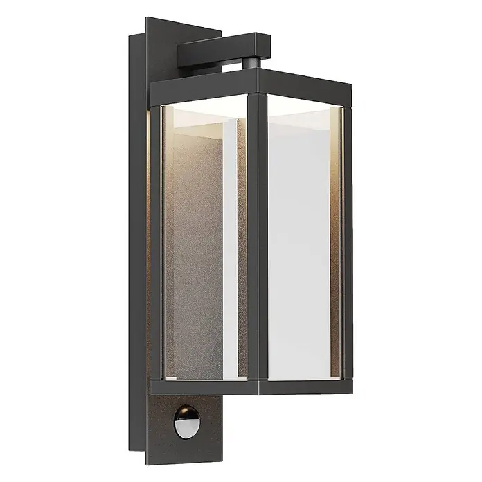 Lucande LED Wandleuchte aussen in dunkelgrau, mit Bewegungsmelder, -  - Dunkle Bronze-Außenwandleuchte mit Klarglas-/Mattglasscheiben und Bewegungssensor.
