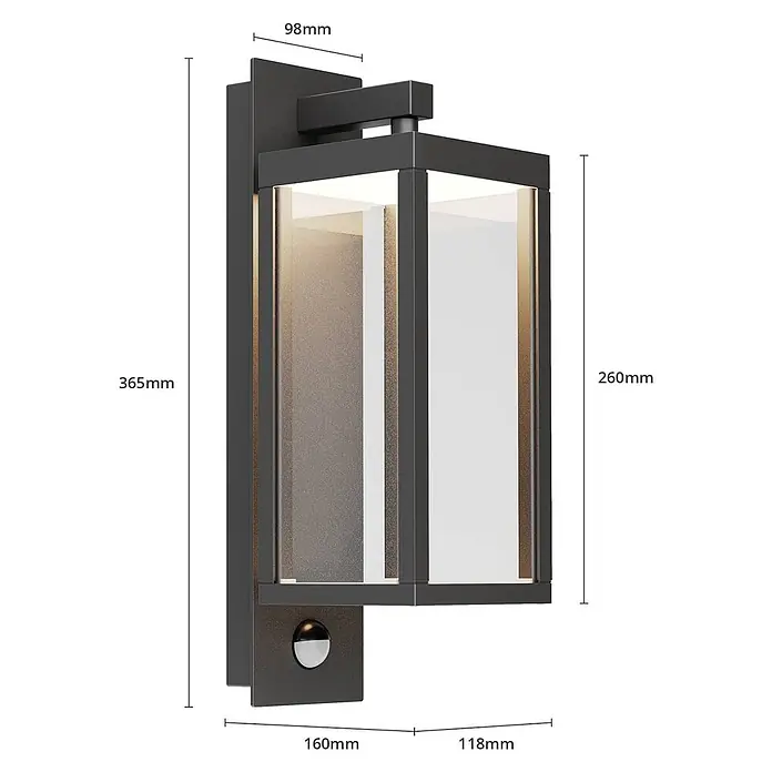 Lucande LED Wandleuchte aussen in dunkelgrau, mit Bewegungsmelder, -  - Moderne dunkelgraue Außenwandleuchte mit klaren Glasscheiben und integriertem Bewegungsmelder.