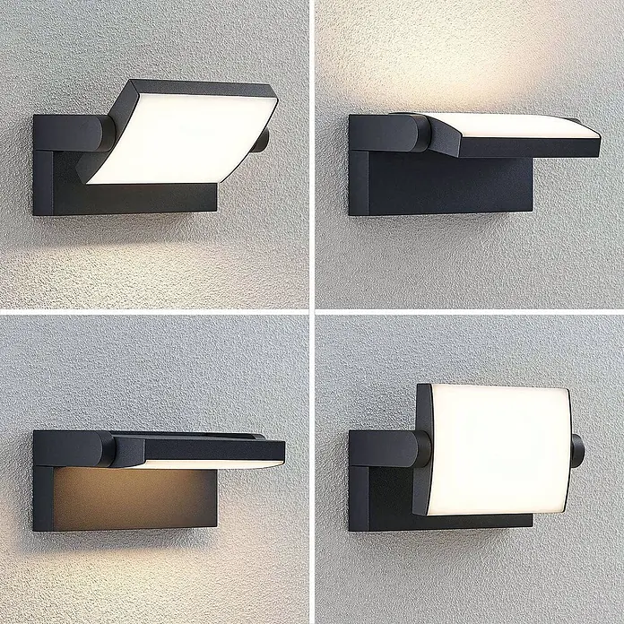 Lindby LED Wandleuchte aussen 340° schwenkbar, Wandlampe aussen -  - Verstellbare dunkelgraue Wandleuchte mit rechteckiger Leuchtfläche, in vier Ausrichtungen gezeigt.
