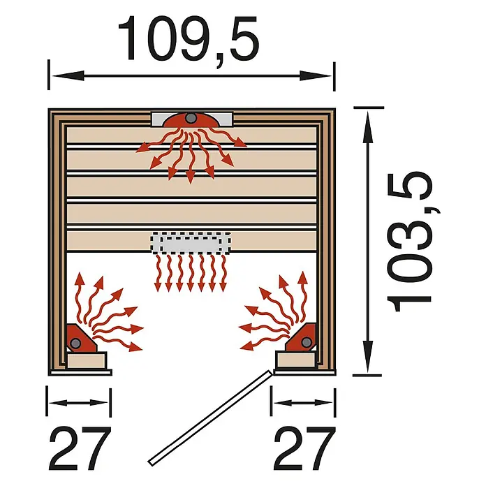 Weka Infrarotkabine Hamina - 103,5 x 109,5 x 190 cm, 1.700 Watt (W) - Draufsicht eines Sauna-Diagramms mit Infrarotstrahlern, Maßen (109,5x103,5 Einheiten) und 27 Einheiten breitem Eingang.