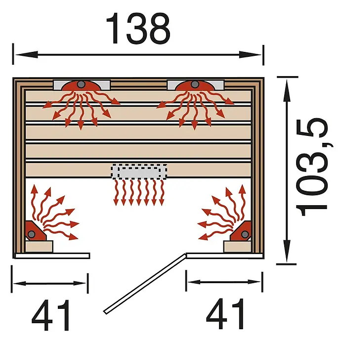 Weka Infrarotkabine Hamina - 103,5 x 138 x 190 cm, 2.050 Watt (W) - Technische Zeichnung einer Saunakabine von oben, zeigt Maße (138x103,5 cm), Sitzbänke und Heizelemente. Türöffnung eingezeichnet.