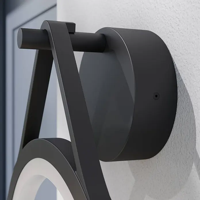 Lucande LED Wandleuchte aussen in anthrazit, weiß, Aussenlampe Wand -  - Mattschwarze Wandleuchte mit kreisförmigem LED-Element, das von zwei angewinkelten Armen an einer Stange an der Wand hängt.