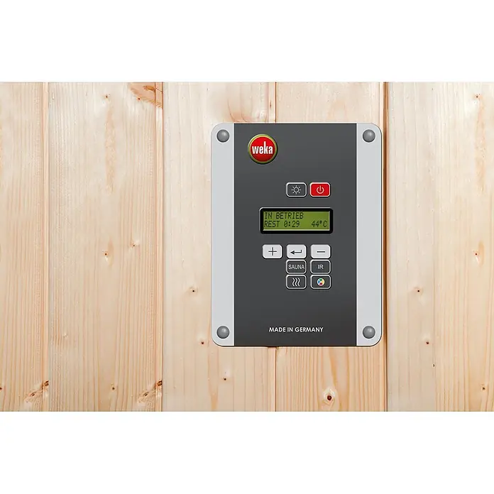 Weka Steuerungs-Set - Geeignet für: Sauna - Weka Steuerpanel auf heller Holzwand, zeigt 'IN BETRIEB', 'REST 0:29', '44°C', mit Funktionen für Sauna/IR.