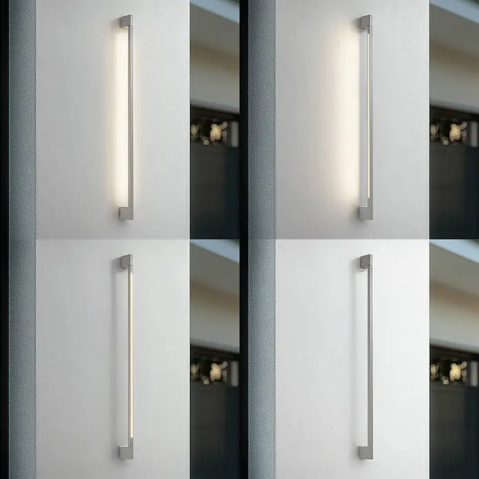Lindby LED Wandleuchte aussen in grau, Aussenlampe Wand -  - Vier Ansichten einer rechteckigen Wandleuchte aus gebürstetem Metall mit integriertem LED, an und aus mit verschiedenen Lichttemperaturen.