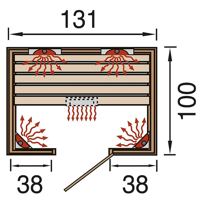 Weka Infrarotkabine Vaala - 100 x 131 x 196 cm, 2.050 Watt (W) - Grundriss einer Saunakabine, Aufsicht. Maße 131x100, mit Bänken, Tür und Infrarotstrahlern.
