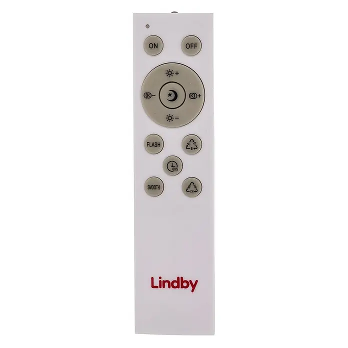 Lindby LED Deckenlampe Smart Home in weiß, dimmbar Deckenleuchte rund -  - Weiße Lindby Fernbedienung mit grauen Tasten zur Einstellung von Helligkeit, Farbtemperatur und verschiedenen Lichtmodi.