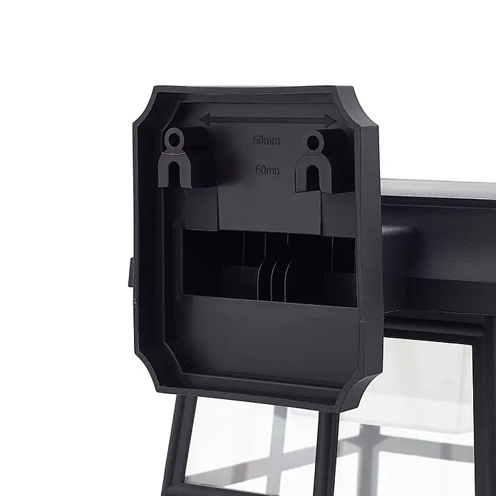 Lindby LED Solar Wandleuchte aussen in schwarz, mit Bewegungsmelder, -  - Rückseite einer schwarzen Kunststoffhalterung mit zwei Montageklammern und 60mm Abstand.