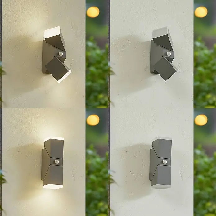 Lindby Außenwandleuchte Sally - alu / grau / zink, alu / grau / zink, IP54 - Verstellbare graue Außenwandleuchte mit Bewegungsmelder, an strukturierter Wand, ein- und ausgeschaltet gezeigt.